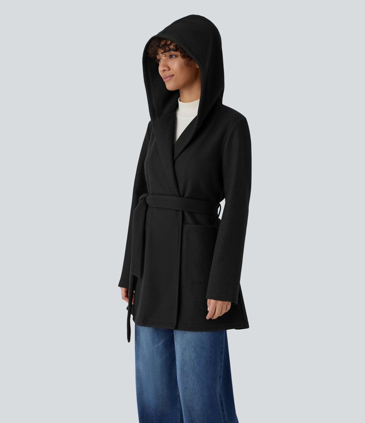 Manteau décontracté à capuche et ceinture avec poches et boutonnage devant