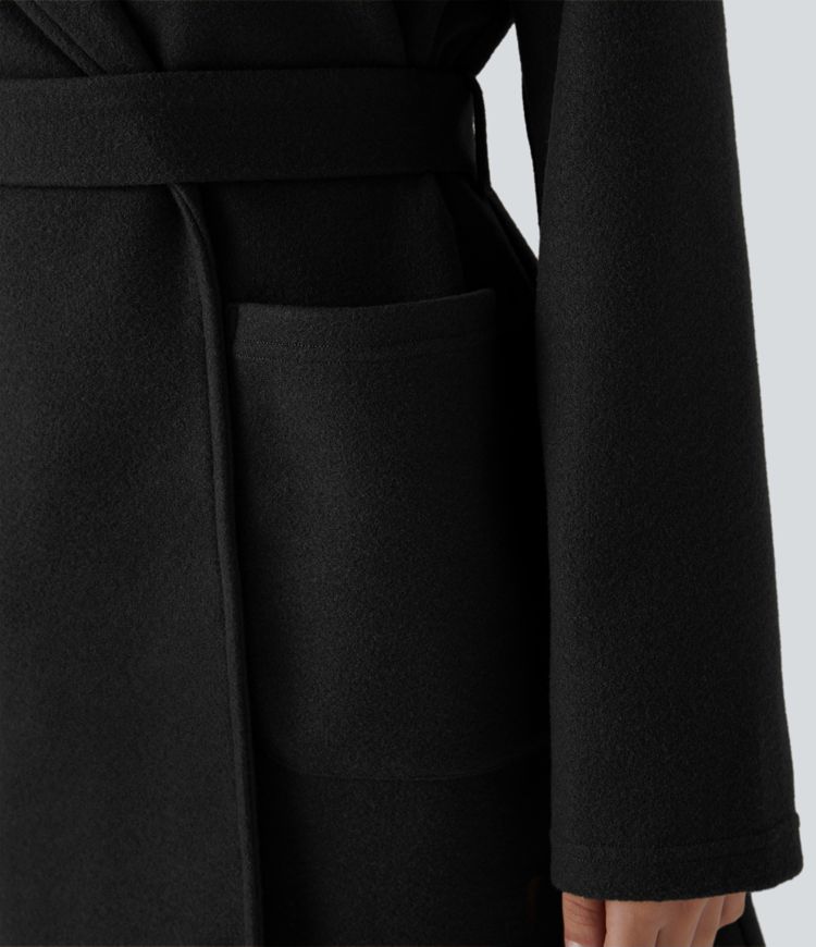 Manteau décontracté à capuche et ceinture avec poches et boutonnage devant