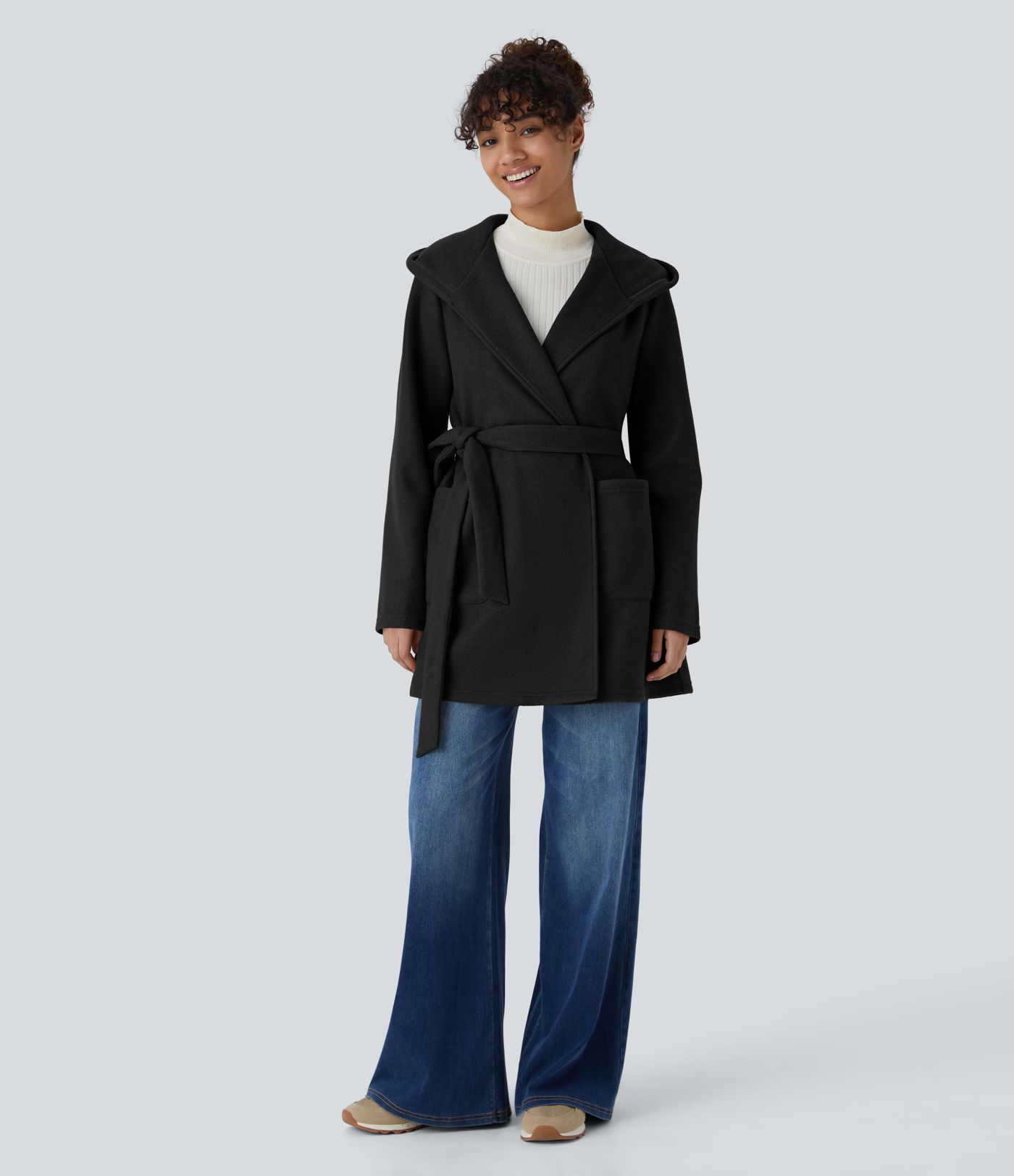 Abrigo holgado capucha manga larga botón bolsillo delantero cinturón