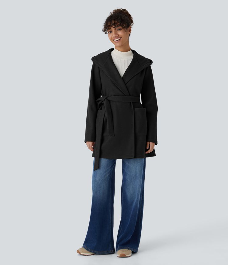 Manteau décontracté à capuche et ceinture avec poches et boutonnage devant