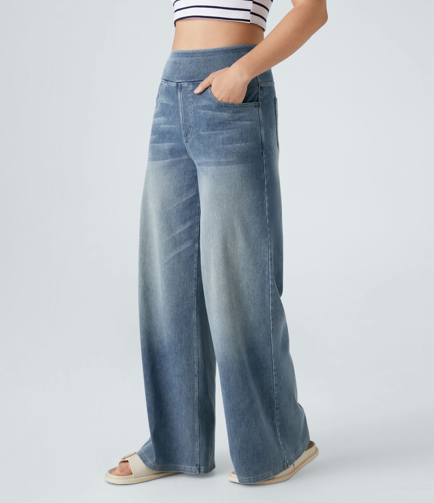 Halara Flex™ High Waisted Pockets Baggy Wide Leg Washed Casual Jeans