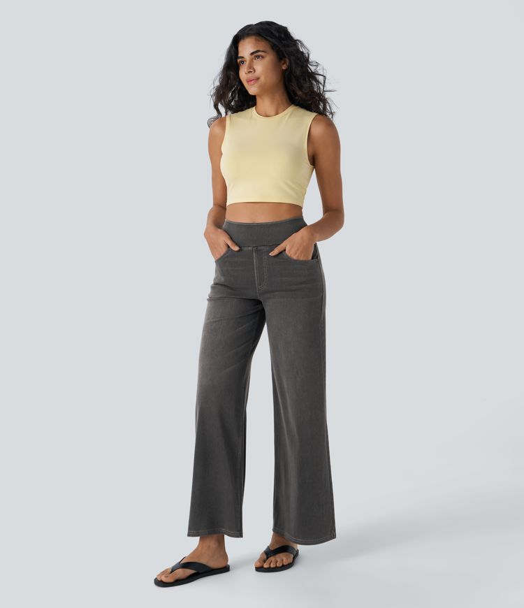 Halara Flex™ High Waisted Pockets Baggy Wide Leg Washed Casual Jeans