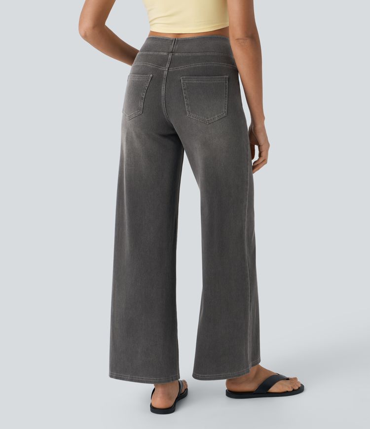 Halara Flex™ High Waisted Multiple Pockets Baggy Wide Leg Washed Stretchy Knit Casual Jeans