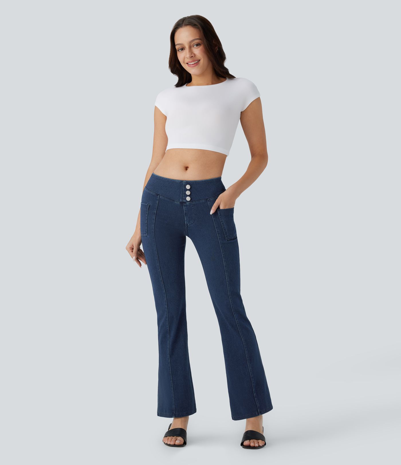 Halara Flex™ Jegging bootcut décontracté extensible délavé taille moyenne avec boutons décoratifs et poches latérales