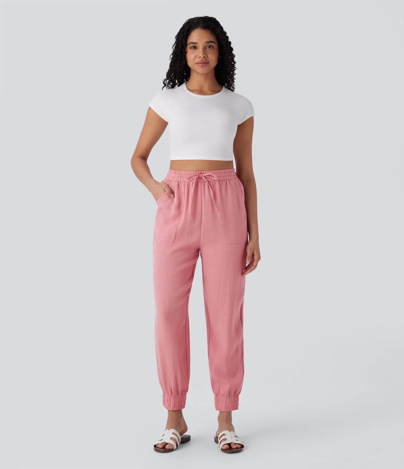 Lässige Jogger aus leinenähnlichem Material mit hohem Bund, Seitentaschen und Kordelzug