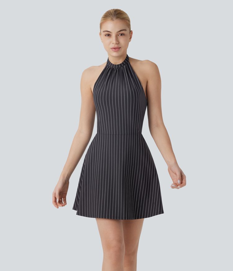 Backless G-hook Halter 2-in-1 Side Pocket Stripe Mini Cool Touch Yoga Active Dress-Easy Peezy