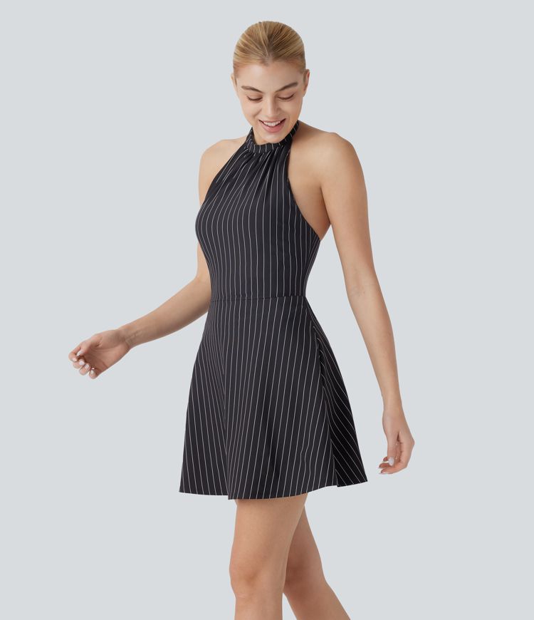 Backless G-hook Halter 2-in-1 Side Pocket Stripe Mini Cool Touch Yoga Active Dress-Easy Peezy