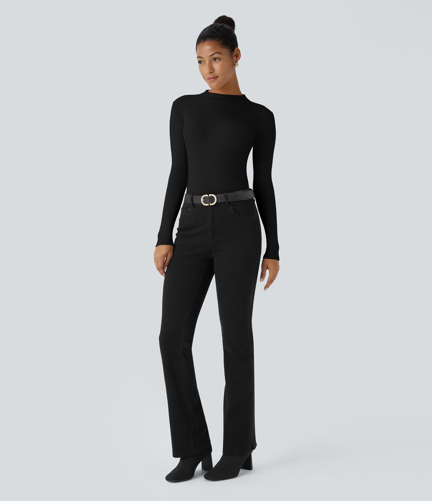 Ribbed Knit Round Neck Long Sleeve Casual Sweater