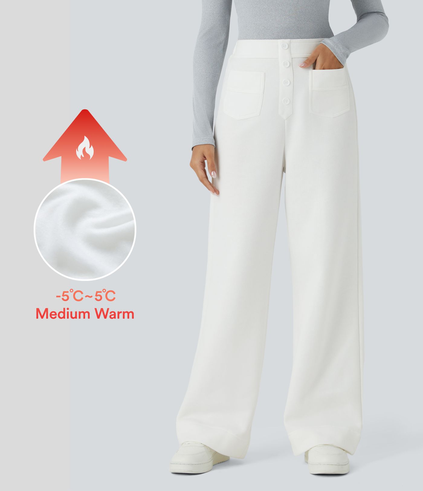 High Waisted Button Multiple Pockets Straight Leg Fleece Casual Trousers