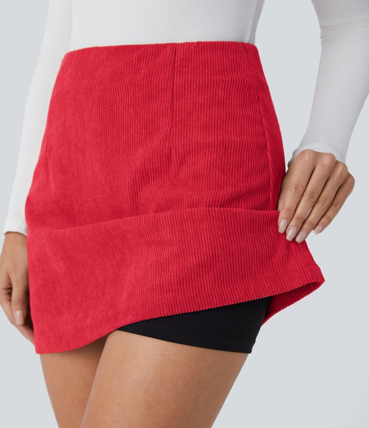 High Waisted Invisible Zipper 2-in-1 A Line Mini Corduroy Casual Skirt-Longer Length
