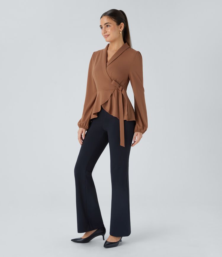 Shawl Collar Wrapped Tie Side Ruffle Hem Work Blouse
