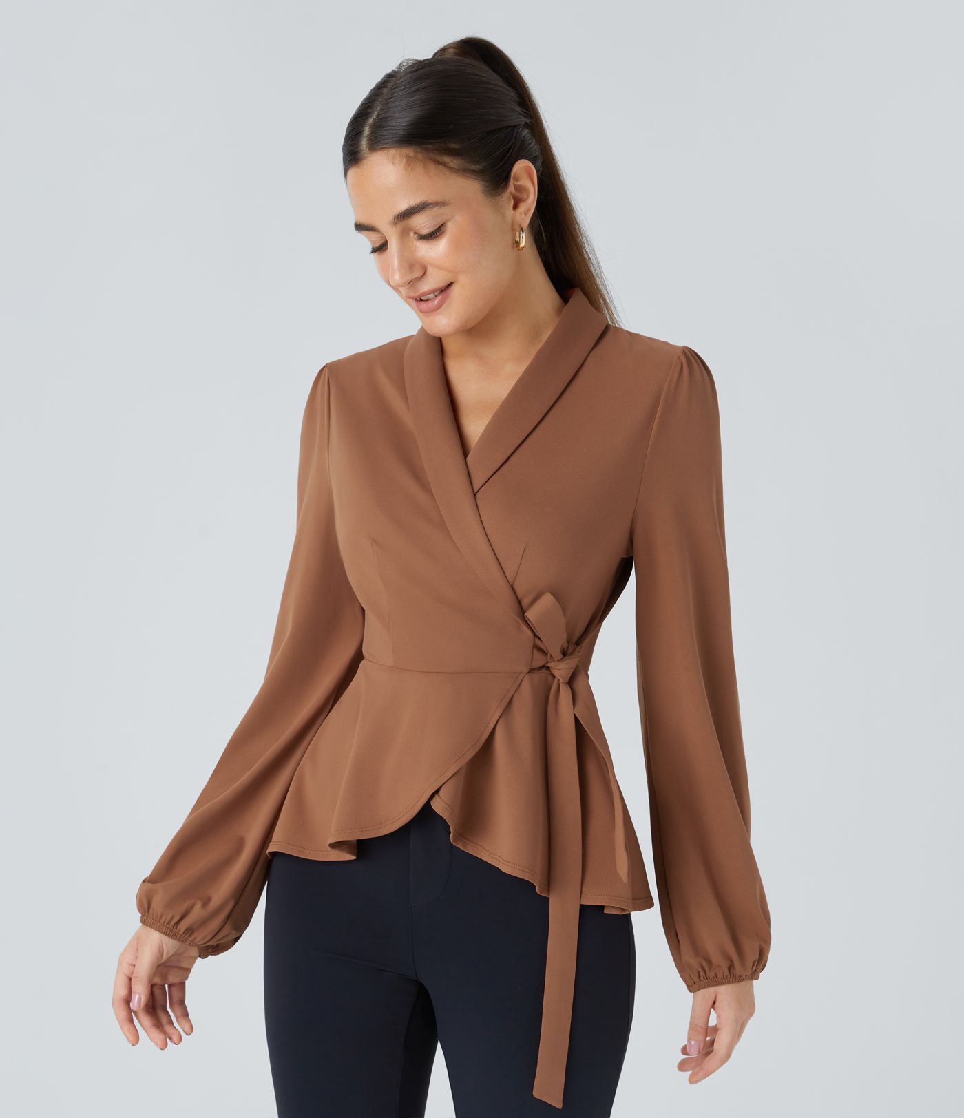 Shawl Collar Wrap Tie Side Frill Hem Work Blouse