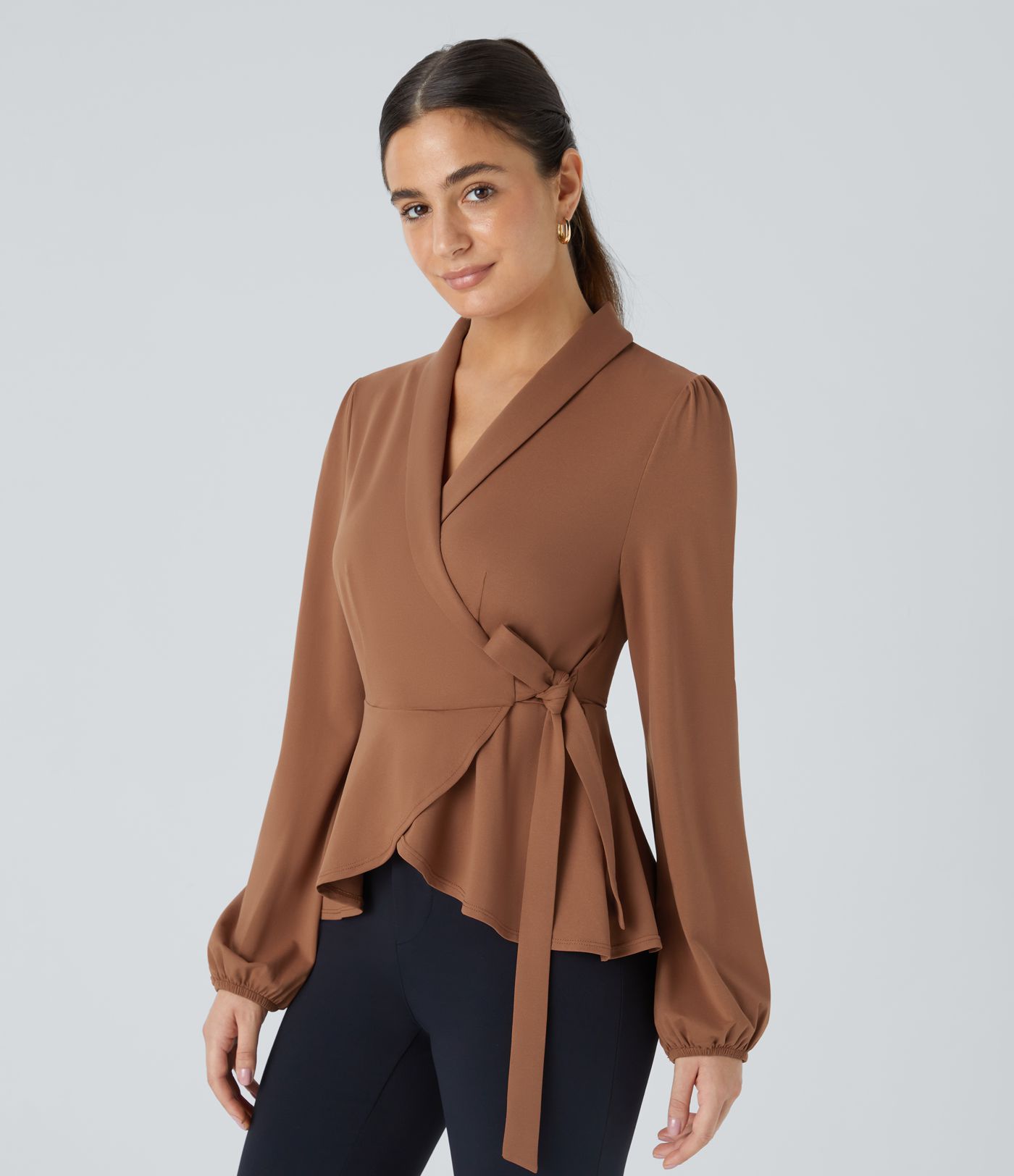 Shawl Collar Wrap Tie Side Frill Hem Work Blouse