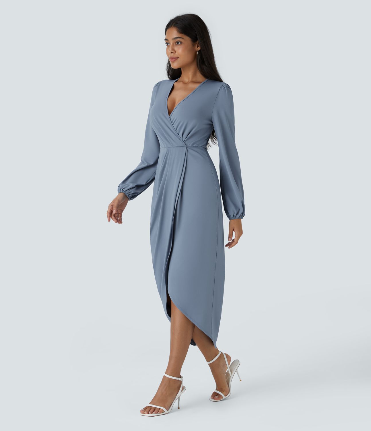 V-neck long sleeve tulip hem midi party dress