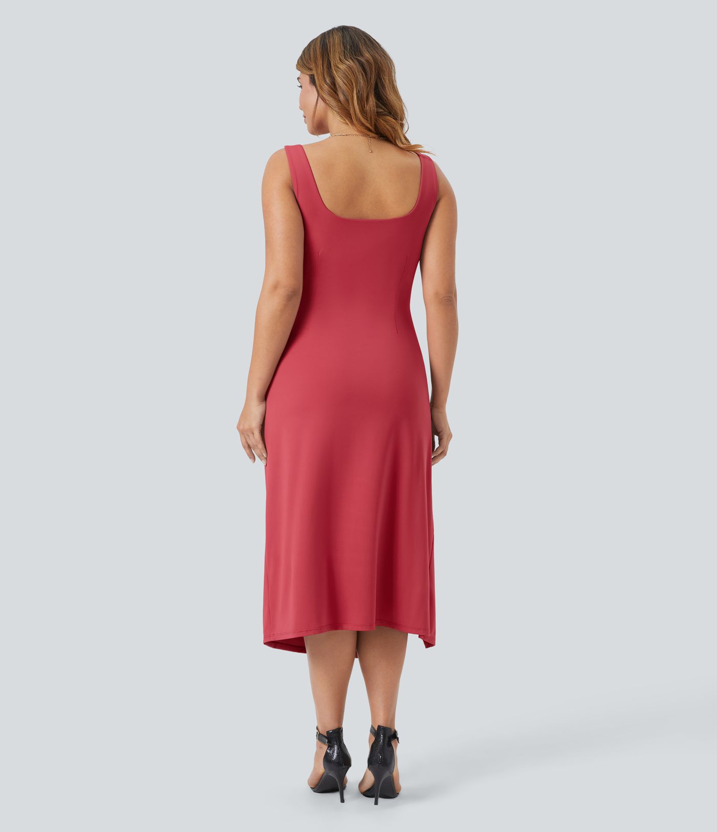 Vestido midi Softlyzero™ Airy talla grande cuello cuadrado sin espalda fruncido ajustado abertura