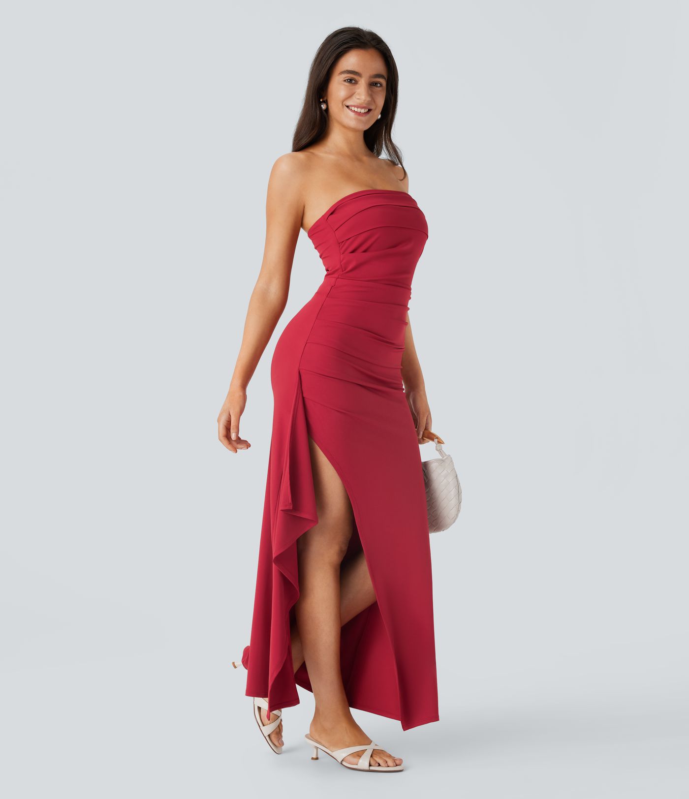Robe longue de soirée 2-en-1 bustier froncée à volants avec fente