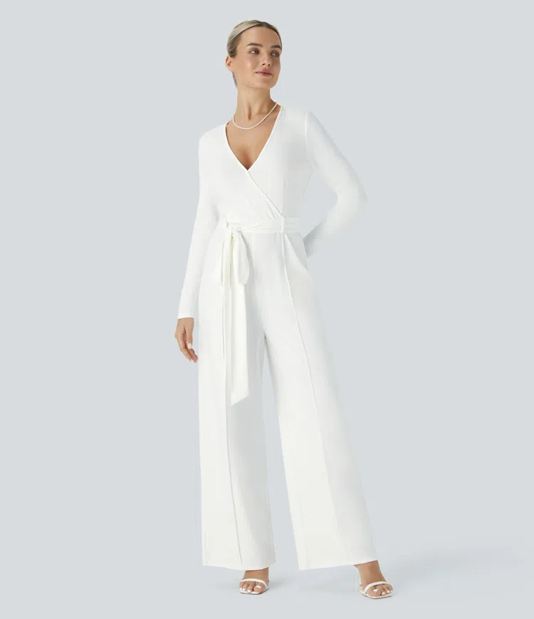 V-neck long-sleeved belted party jumpsuit