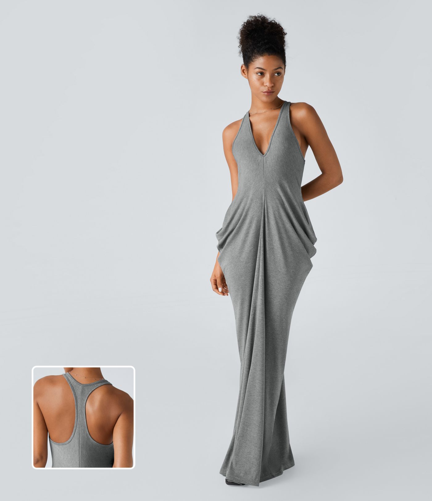 Deep V Neck Racerback Stacked Ruched Maxi Casual Dress