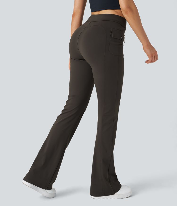 High Waisted Side Flap Pocket Flare Casual Cargo Pants