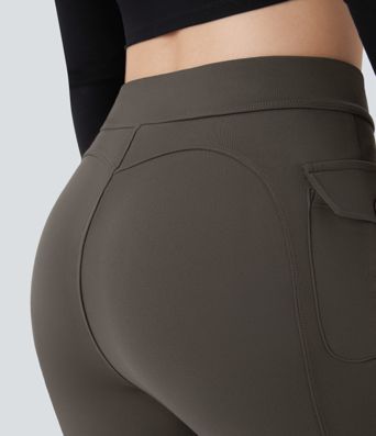 High Waisted Side Flap Pocket Flare Casual Cargo Pants