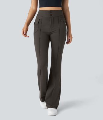 High Waisted Side Flap Pocket Flare Casual Cargo Pants