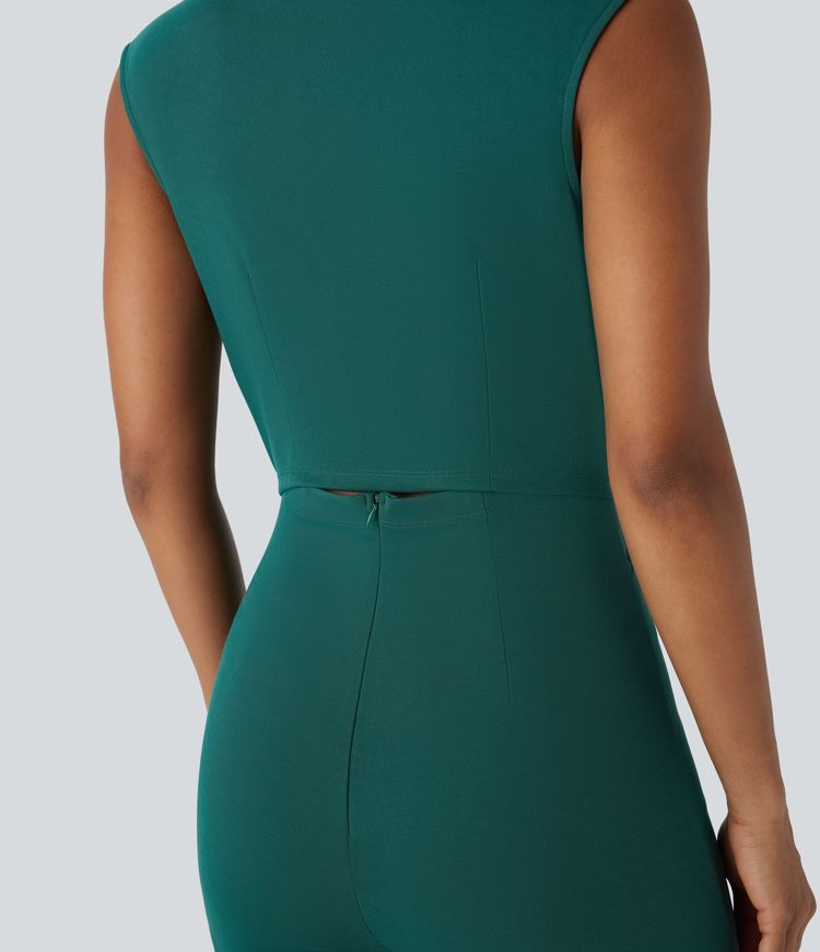 Sleeveless Button Belted Side Pocket Invisible Zipper Work Jumpsuit-Easy Peezy Edition