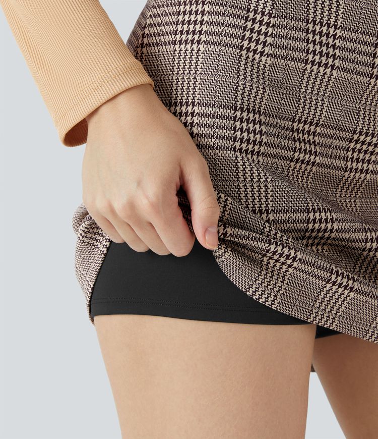High Waisted 2-in-1 Houndstooth Plaid Mini Work Skirt