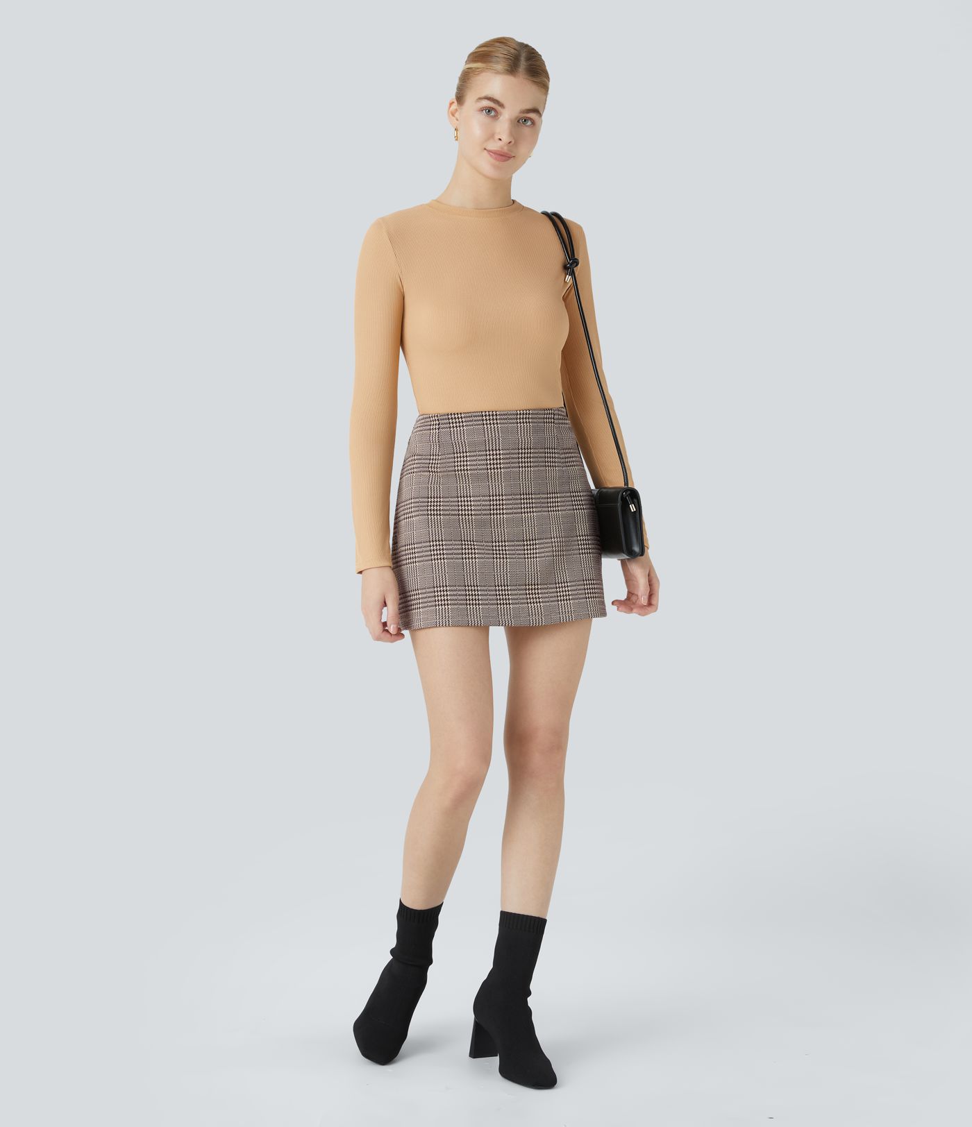 High Waisted 2-in-1 Houndstooth Plaid Mini Work Skirt