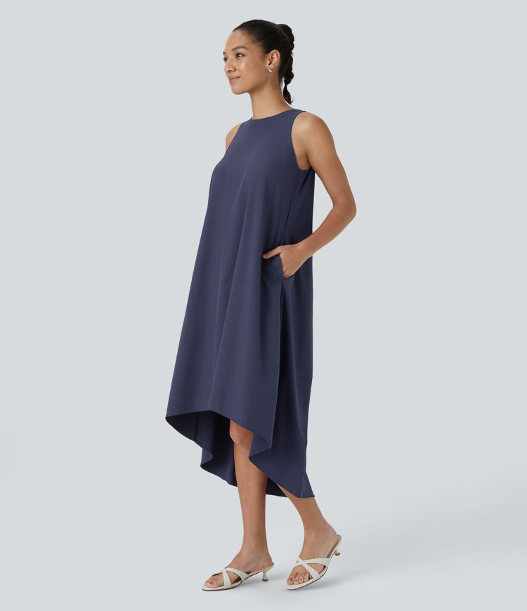 Breezeful™ Backless Button Side Pocket High Low Midi Quick Dry Work Dress