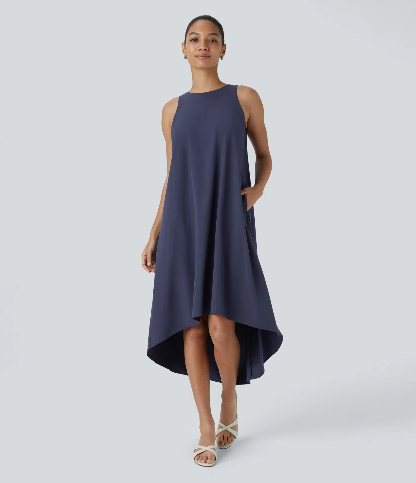 Breezeful™ Backless Button Side Pocket High Low Midi Quick Dry Work Dress