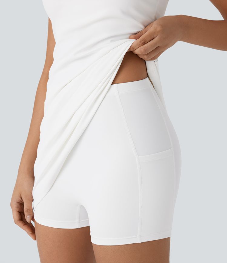 Softlyzero™ QuickDry Crisscross Backless Square Neck Sleeveless Side Pockets 2-Piece Mini Yoga Active Dress