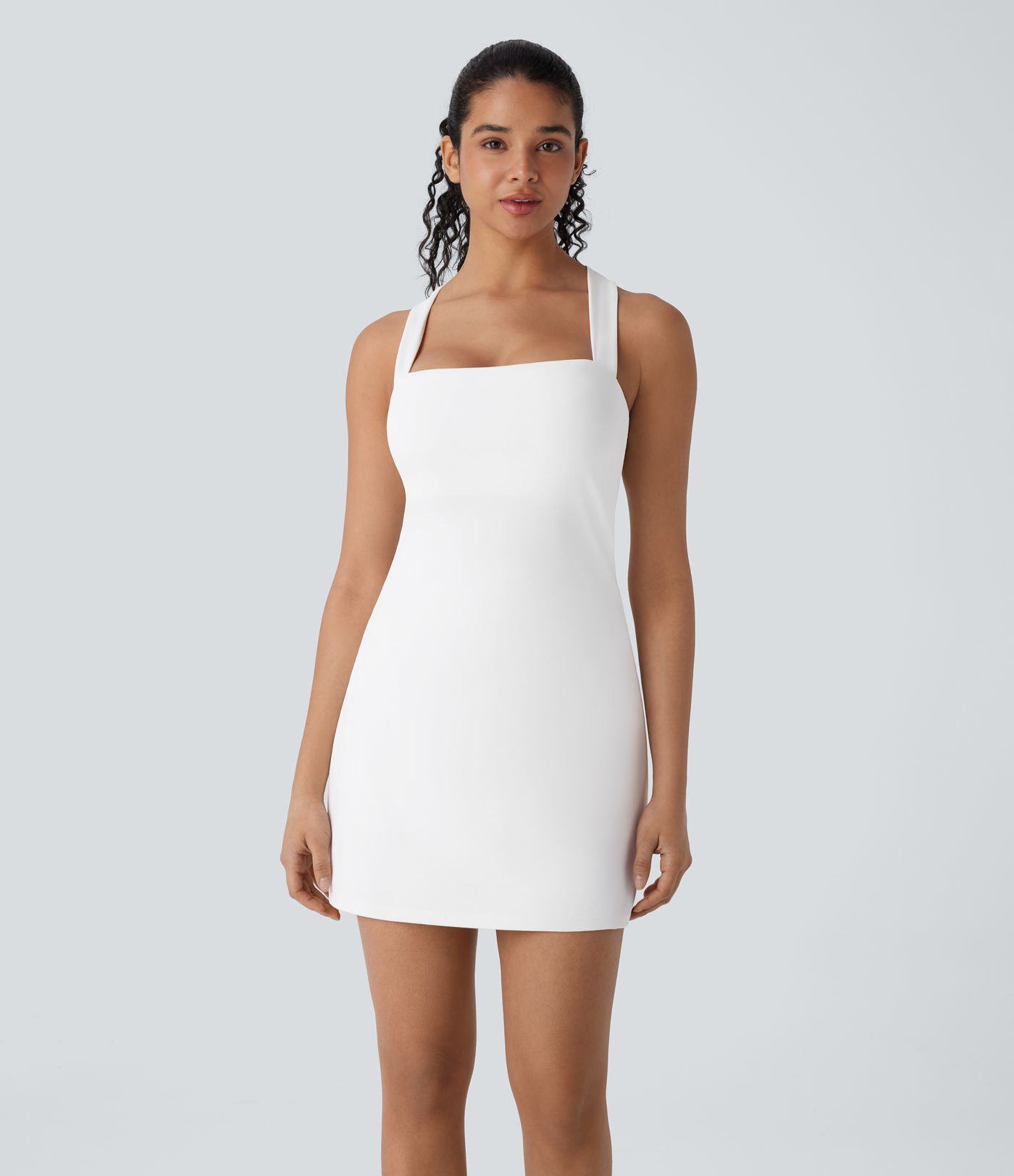 Softlyzero™ QuickDry Crisscross Backless Square Neck Sleeveless Side Pockets 2-Piece Mini Yoga Active Dress