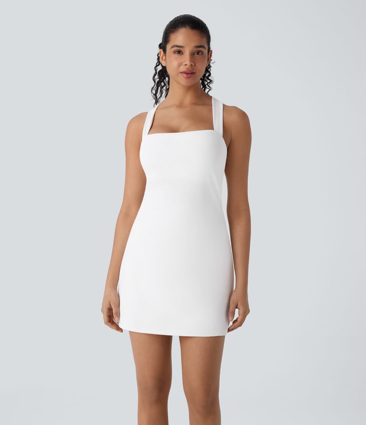 Softlyzero™ QuickDry Crisscross Backless Square Neck Sleeveless Side Pockets 2-Piece Mini Yoga Active Dress