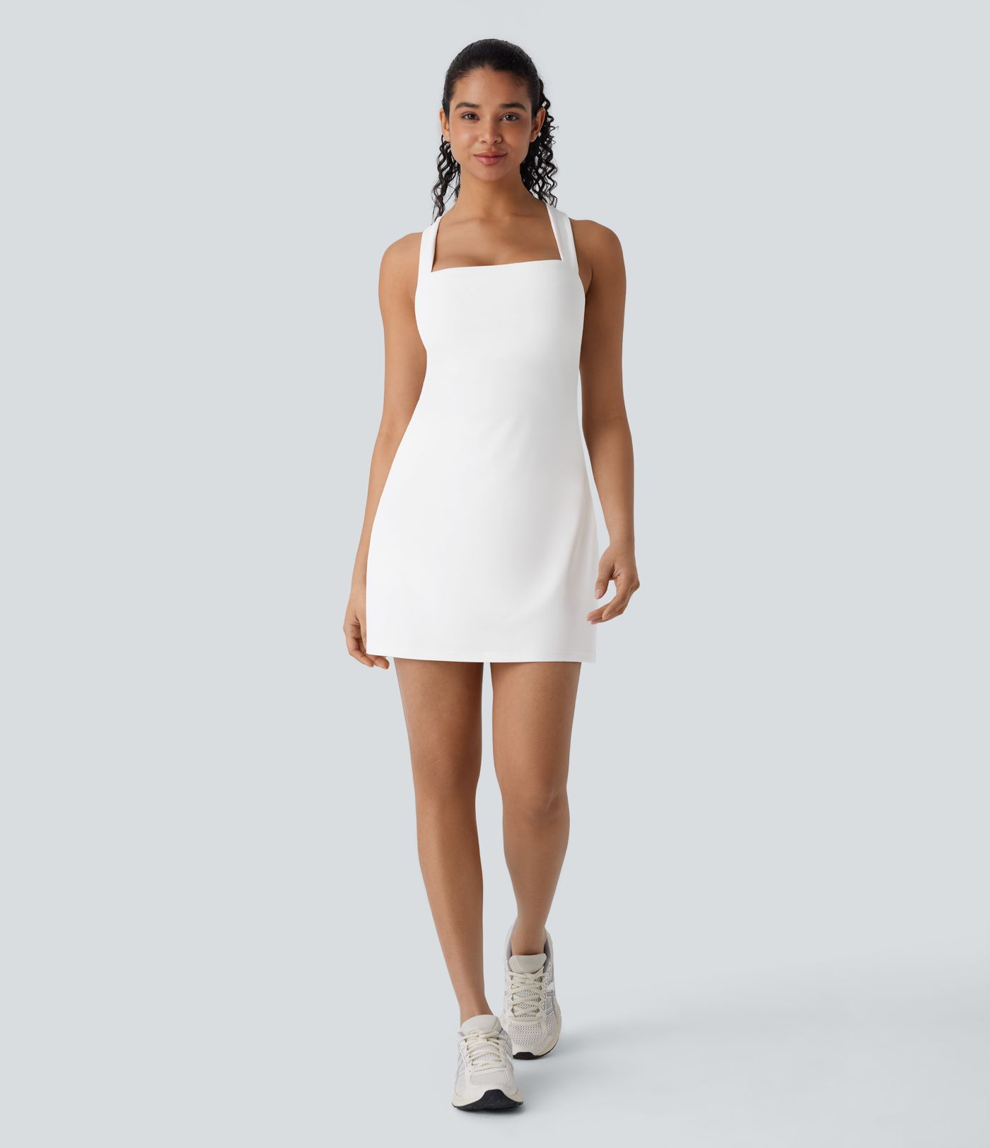 Softlyzero™ QuickDry Crisscross Backless Square Neck Sleeveless Side Pockets 2-Piece Mini Yoga Active Dress