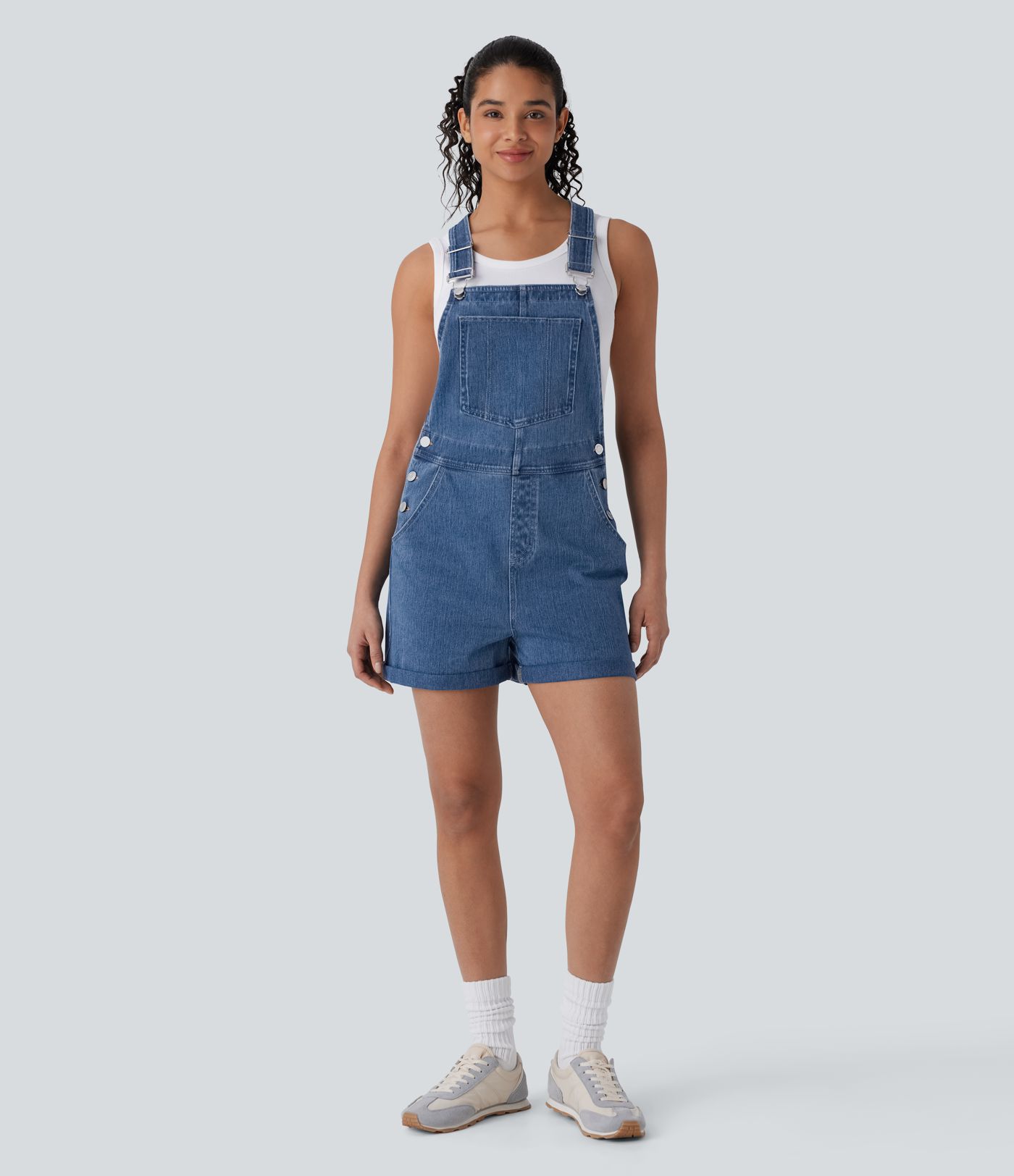 Salopette en jean décontractée lavée à ourlet roulé Halara Flex™ avec poches