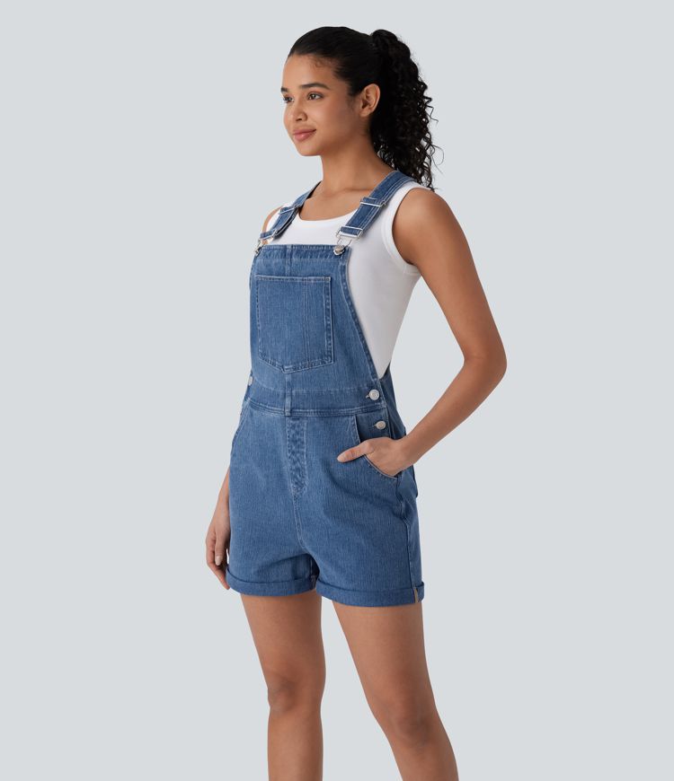 Overol Halara Flex™ Denim mezclilla elástica desgastado con dobladillo enrollado, tirantes ajustables y bolsillos