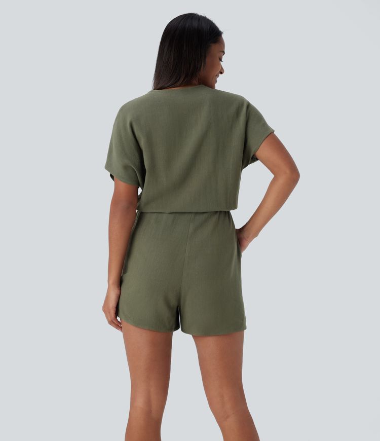 Combishort décontracté col V croisé à manches courtes avec cordon de serrage et poches latérales en mélange de lin