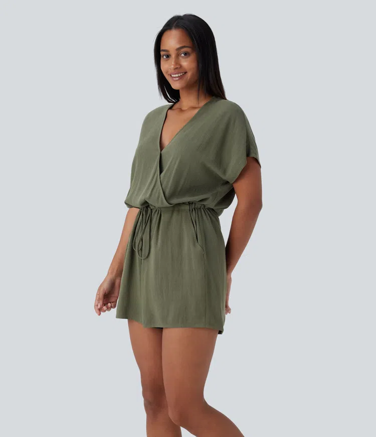 V Neck Crossover Short Sleeve Drawstring Pocket Linen-Blend Casual Romper