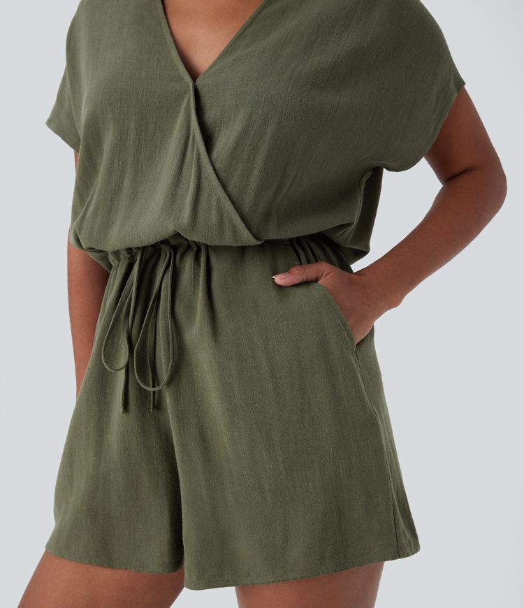 Combishort décontracté col V croisé à manches courtes avec cordon de serrage et poches latérales en mélange de lin
