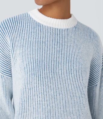 Round Neck Long Sleeve Color Block Stripe Casual Sweater