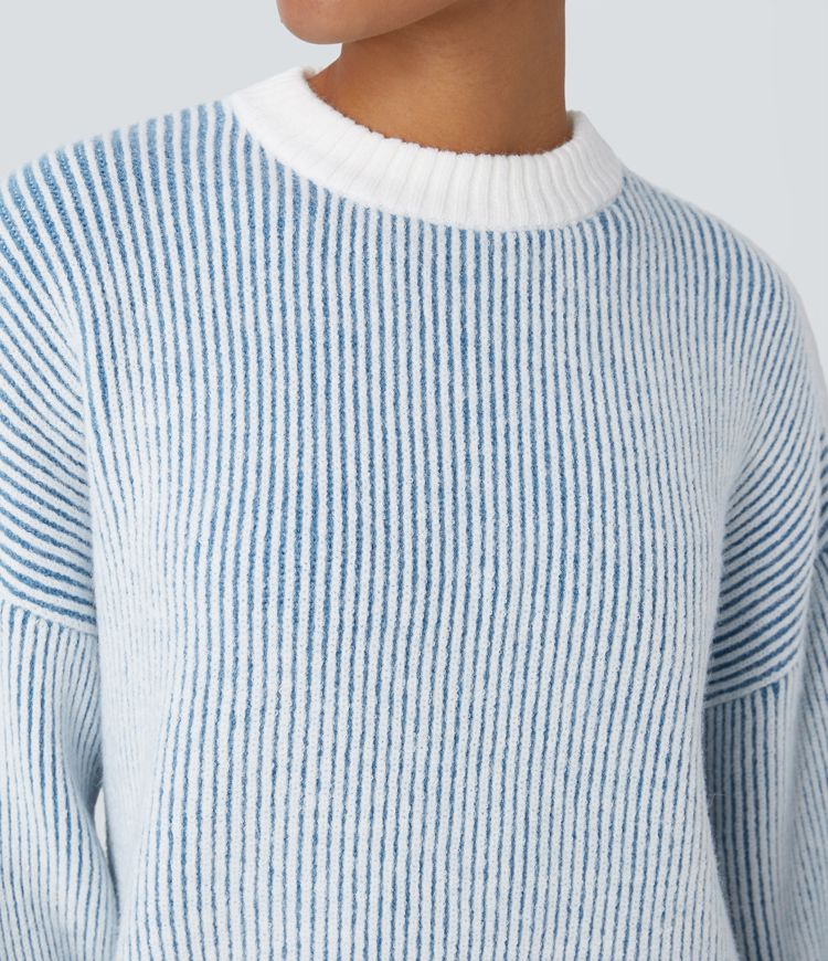 Round Neck Long Sleeve Color Block Stripe Casual Sweater
