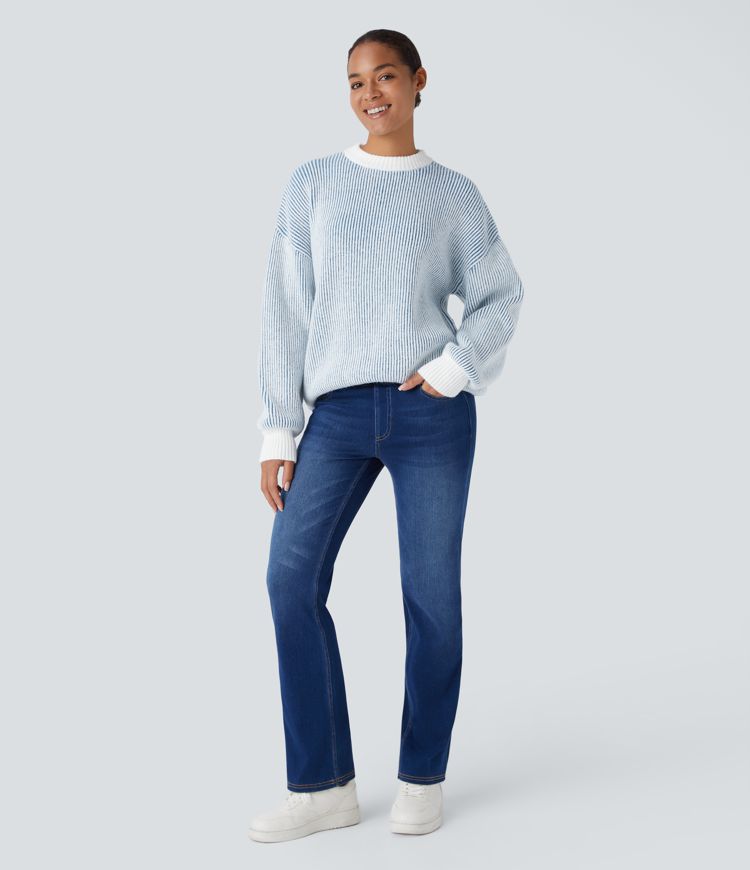 Round Neck Long Sleeve Color Block Stripe Casual Sweater