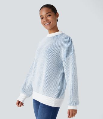 Round Neck Long Sleeve Color Block Stripe Casual Sweater