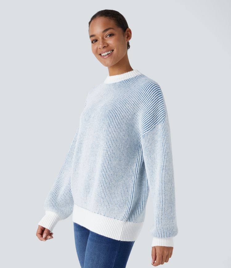 Round Neck Long Sleeve Color Block Stripe Casual Sweater