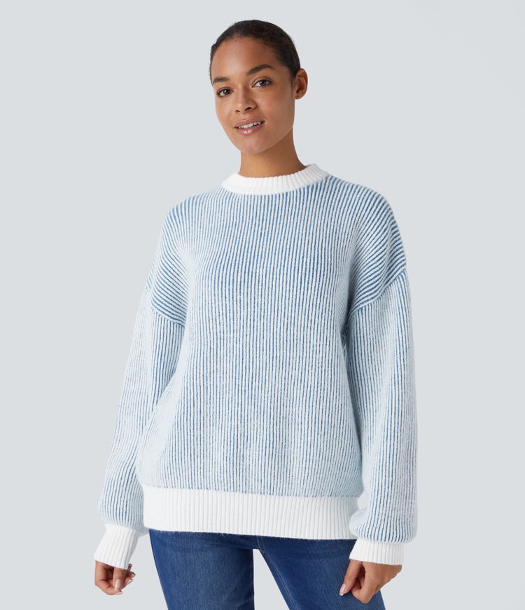 Round Neck Long Sleeve Color Block Stripe Casual Sweater