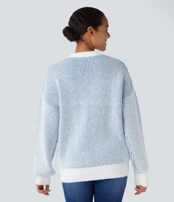 Round Neck Long Sleeve Color Block Stripe Casual Sweater