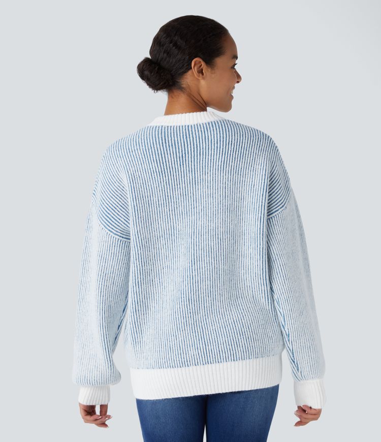 Round Neck Long Sleeve Color Block Stripe Casual Sweater