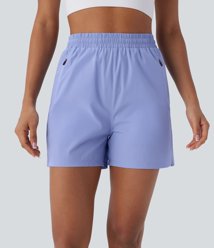 Water Repellent Wear-Resistant High Waisted Inside Drawstring Multiple Zipper Pockets Split Hiking Shorts