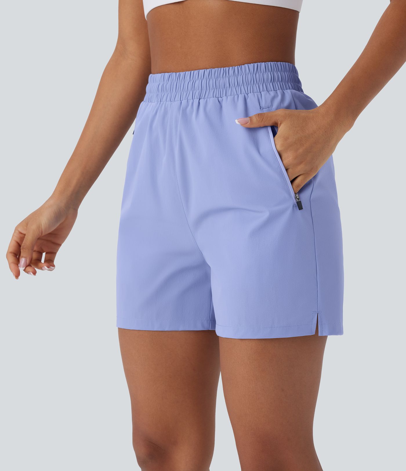 Water Repellent Wear-Resistant High Waisted Inside Drawstring Multiple Zipper Pockets Split Hiking Shorts