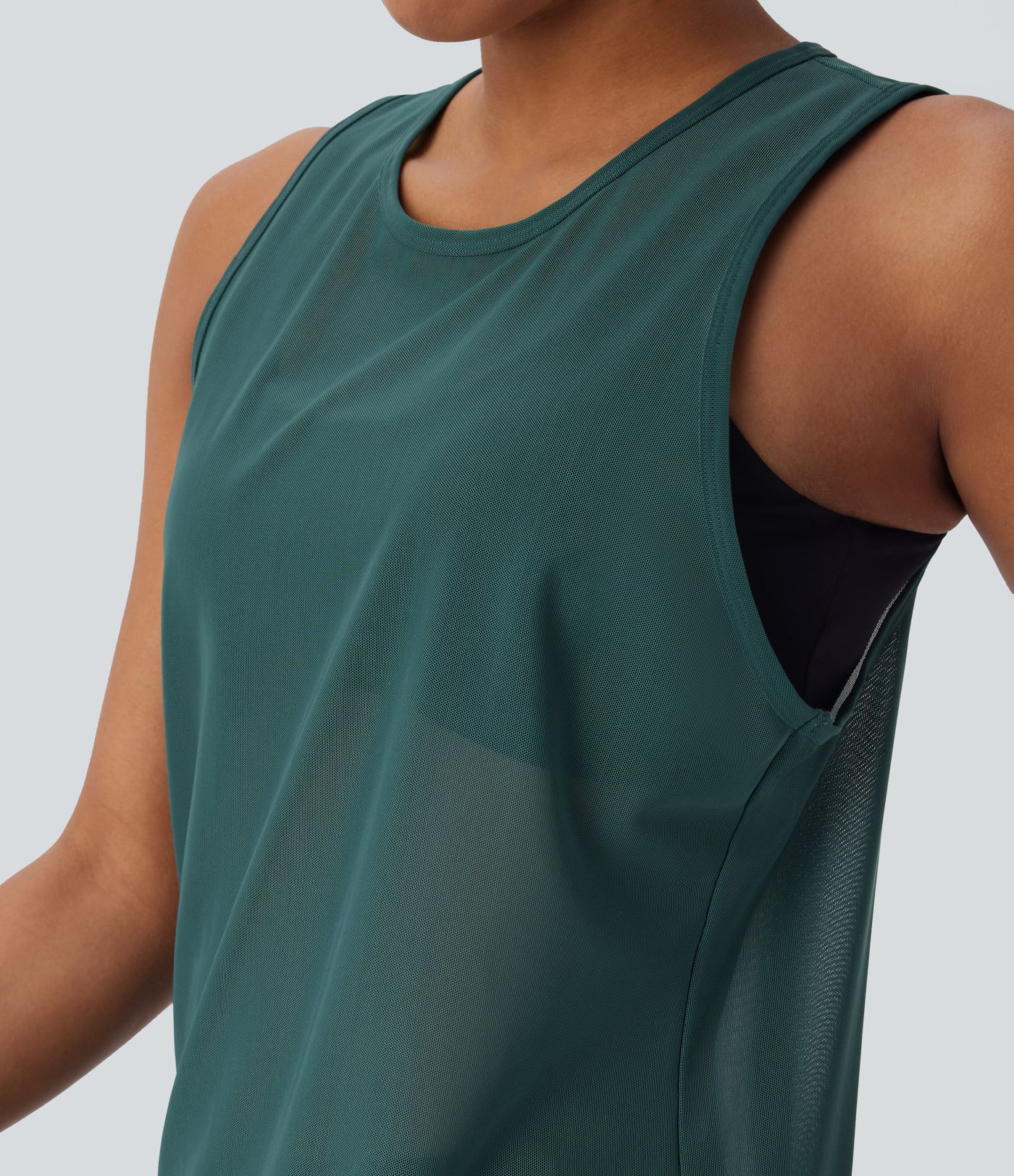 Sheer Round Neck Mesh Longline Running Tank Vest Top